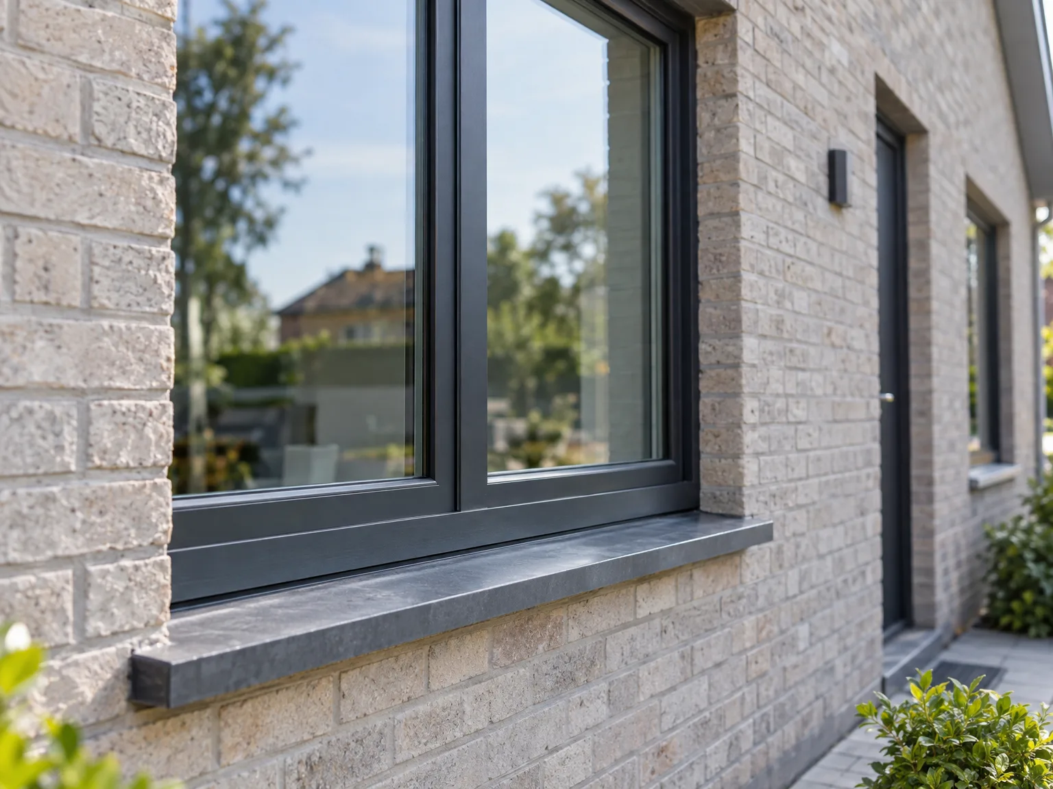 Aluminium raam met grijze buitenvensterbank in bakstenen gevel