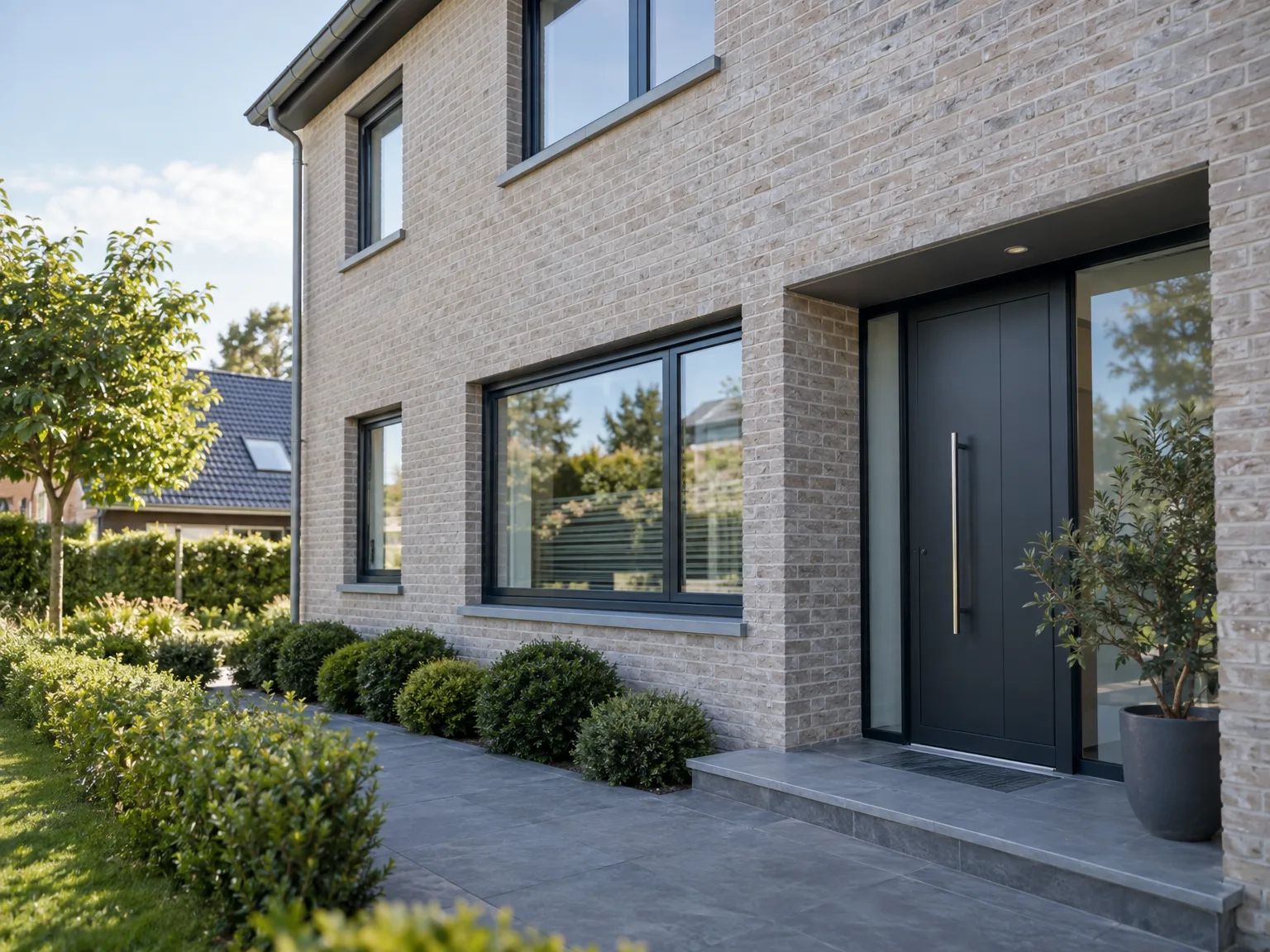 Moderne bakstenen gevel met grote aluminium ramen en zwarte voordeur