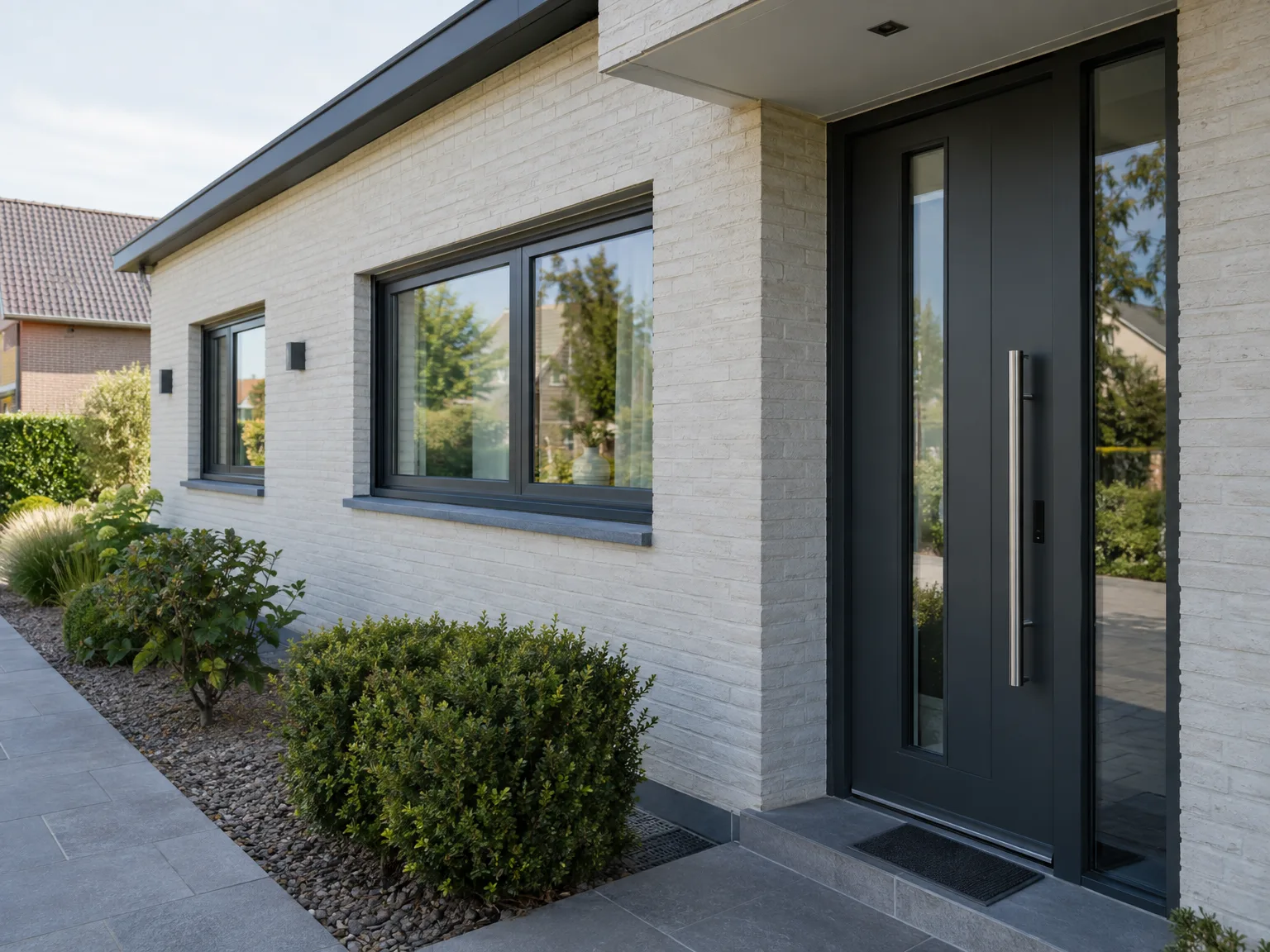 Moderne woning met zwarte aluminium ramen en voordeur in witte bakstenen gevel
