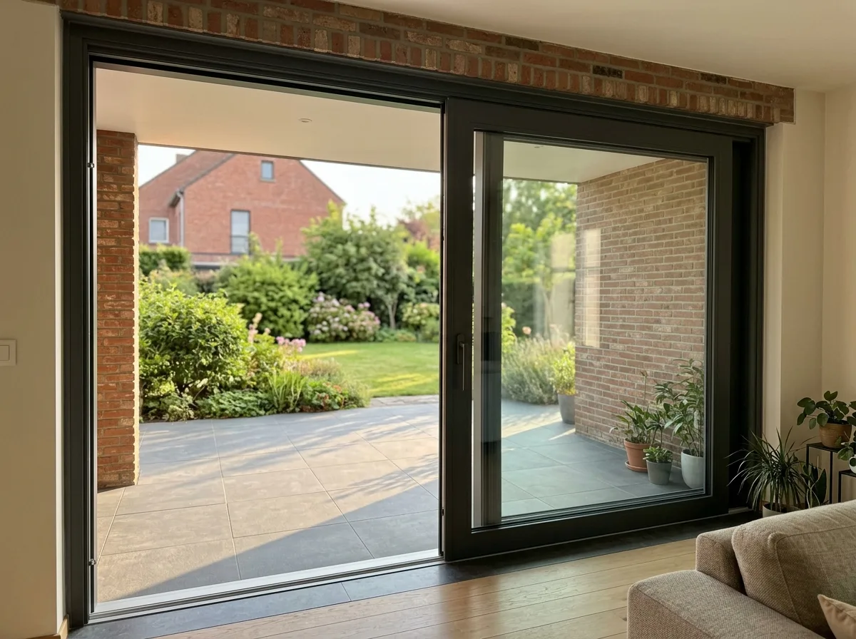 Grote zwarte aluminium schuifdeuren met uitzicht op groene tuin en terras
