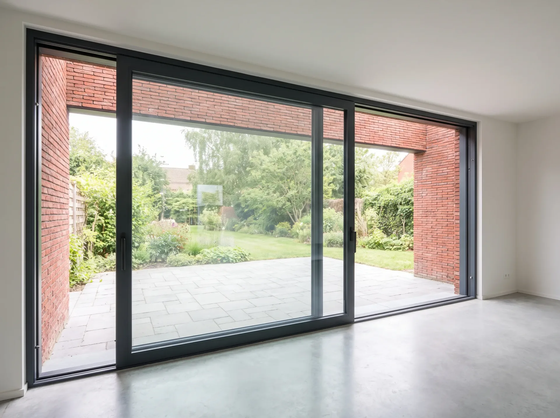 Grote schuiframen in aluminium met dubbele beglazing bieden uitzicht op tuin met terras