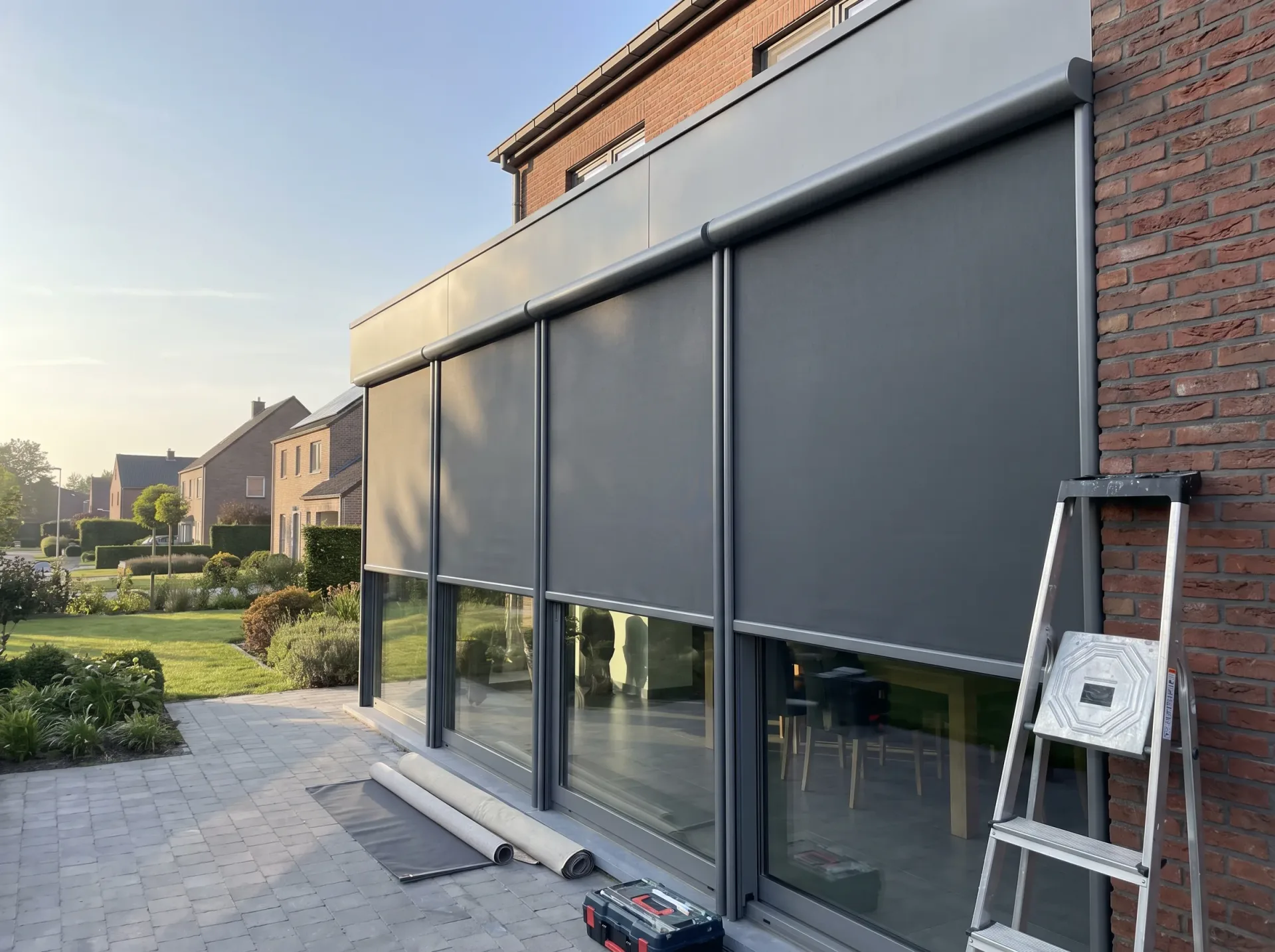 Aluminium schuiframen met geïntegreerde screens in donkergrijs