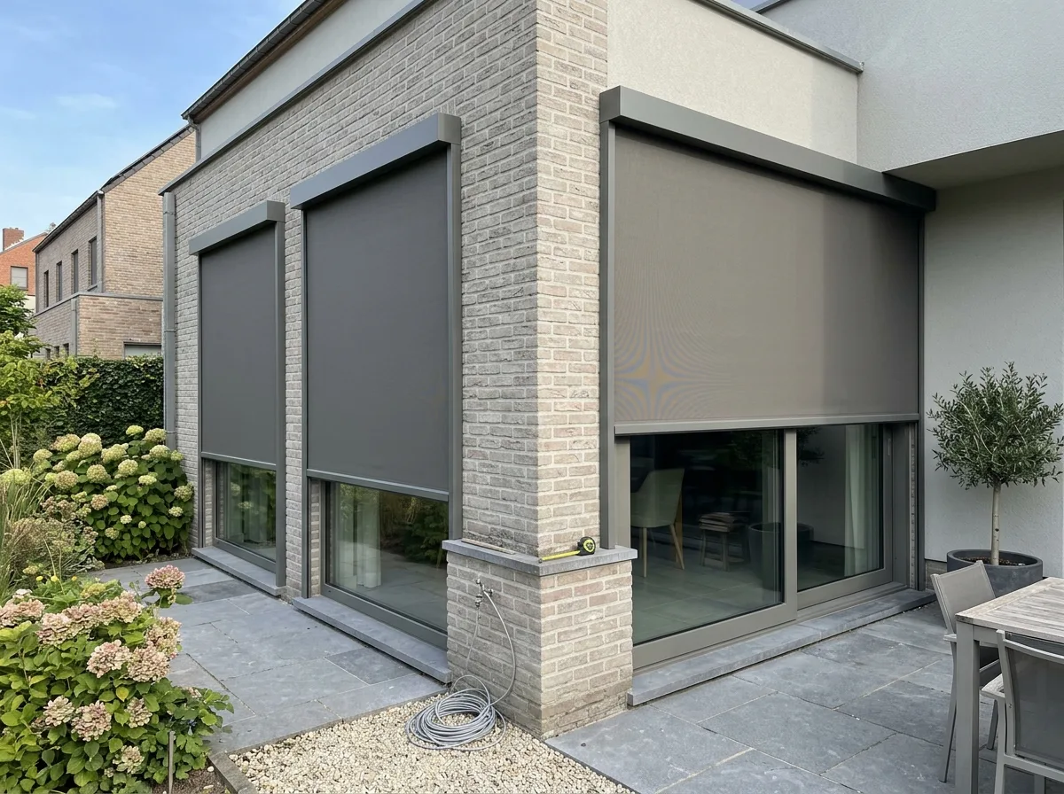 Moderne terras met gesloten screens voor zonwering op woning