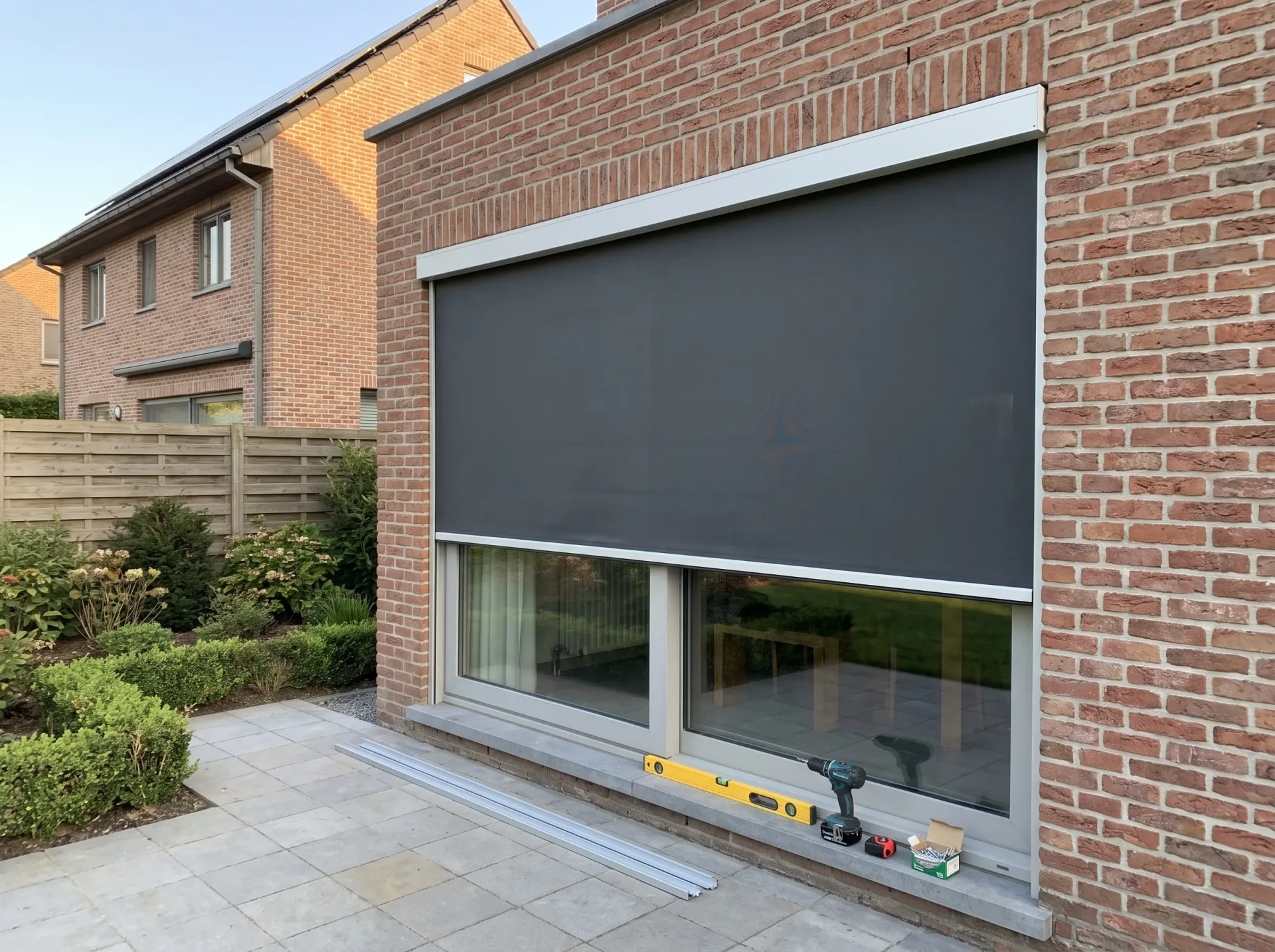 Moderne aluminium schuiframen met screen op bakstenen huisgevel