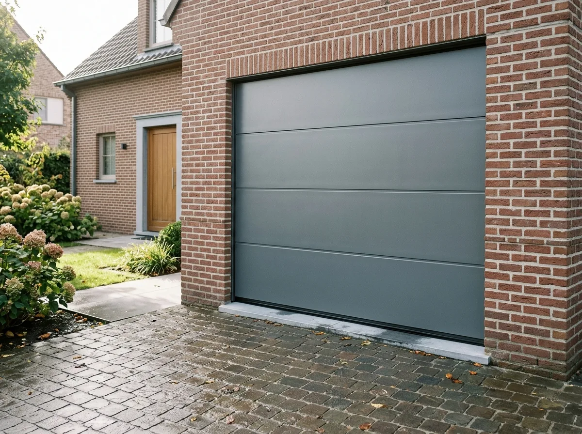 Grijze sectionaalgaragepoort aan bakstenen woning