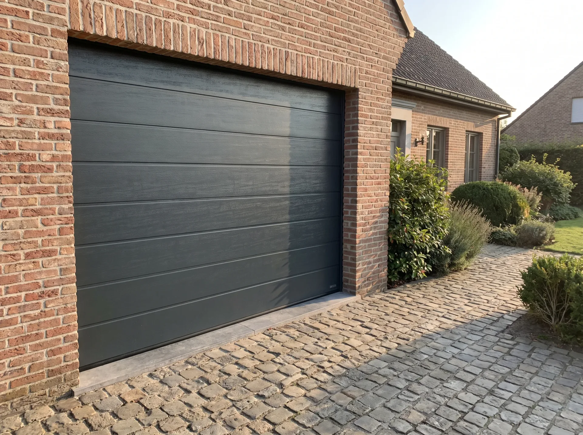 Donkergrijze sectionaalpoort in rode baksteengevel van modern woonhuis