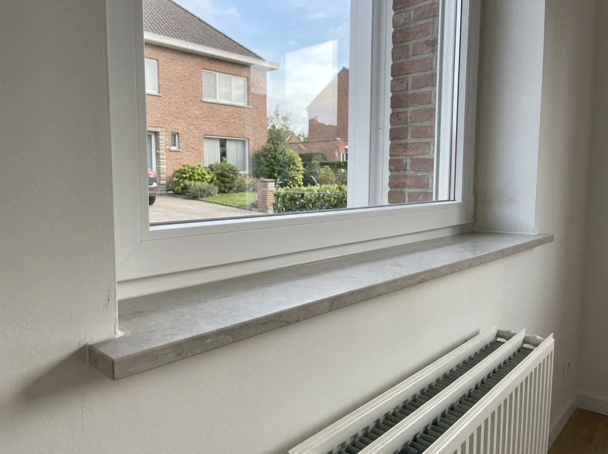 Betonnen binnenvensterbank onder groot raam met uitzicht op straathuizen