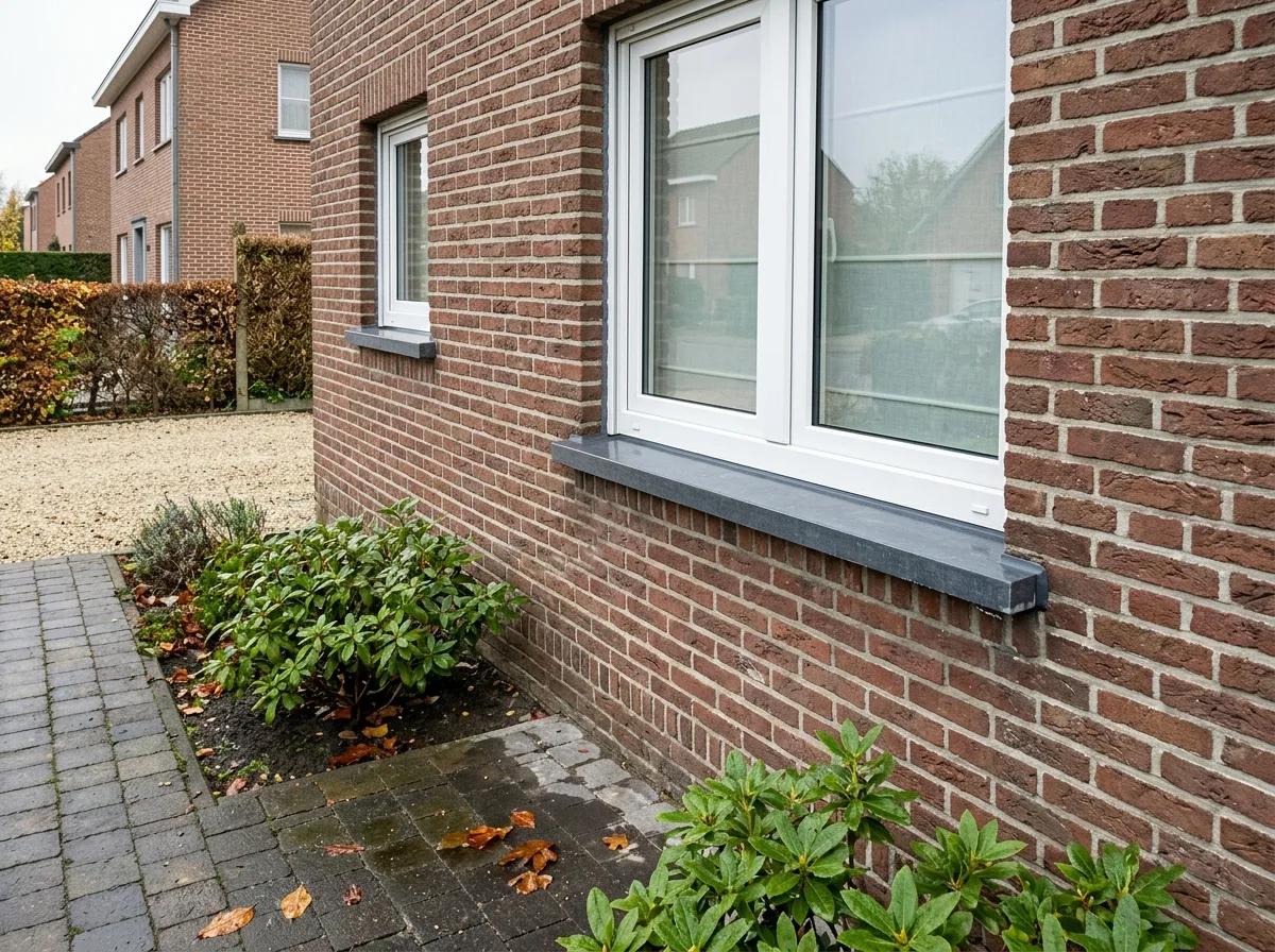 Witte schuifdeuren met dubbele beglazing en grijs dorpel tegen bakstenen huisgevel