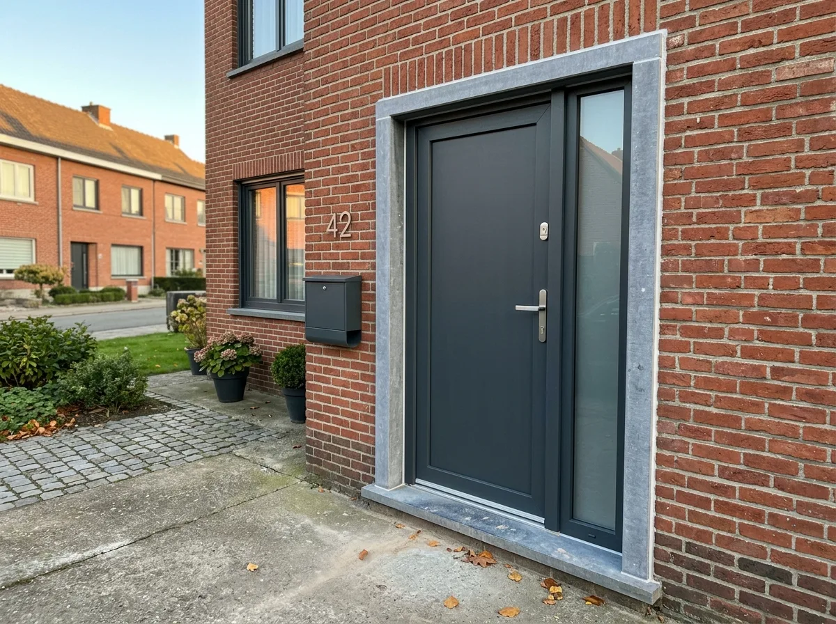 Moderne zwarte voordeur met deurkozijn, geplaatst in bakstenen gevel